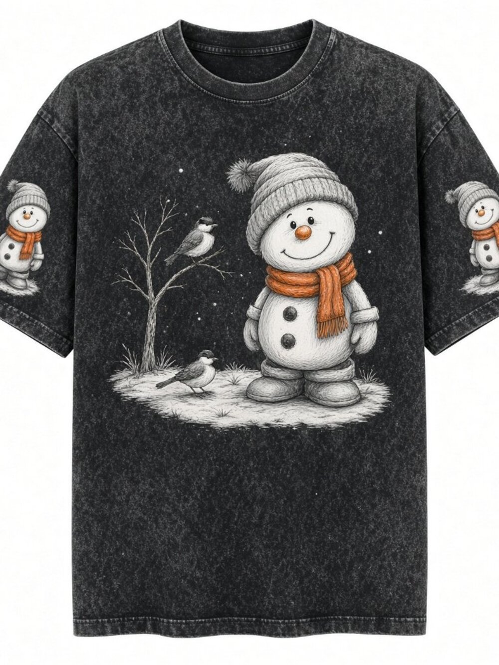 Vintage Snowman Birds Acid Wash Black Christmas Graphic Tee